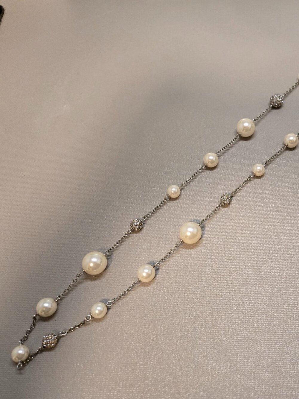 White Faux Pearl Beads Silver-toned Necklace with sparkling pavé-accented beads